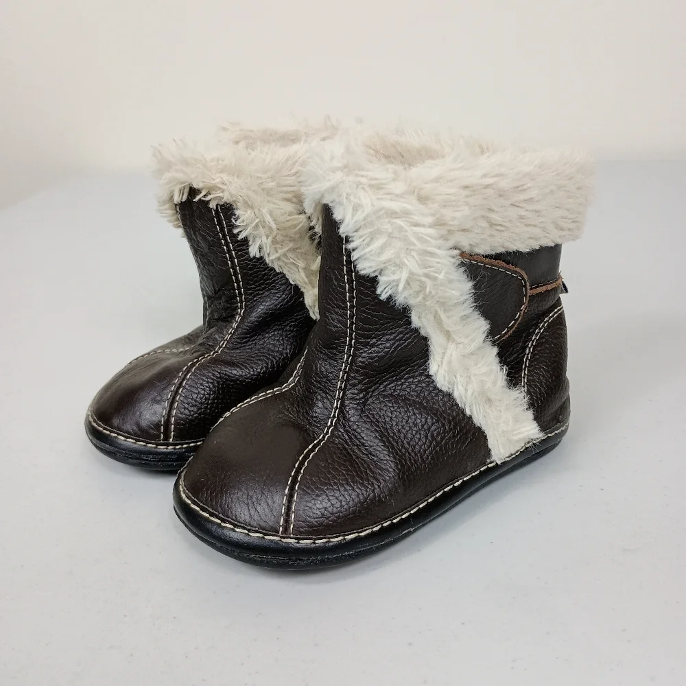 Jack Lilly Leather Moccasin Boots 18-24M Brown Sherpa Slip On Hook Loop Closure